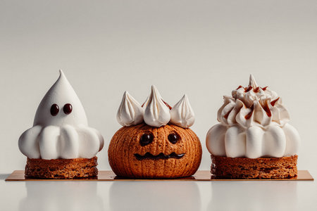 Festive Halloween-themed pastries with ghost, pumpkin, and cream designs on white background. These delightful funky desserts are perfect for Halloween party or a spooky celebration. Trick or Treat.の素材