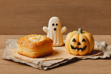 Halloween-themed still life with ghost, pumpkin, pastry on a wooden table. A festive Halloween features a ghost, a jack-o'-lantern, and a delicious-looking pastry, all arranged on a wooden surface.の素材