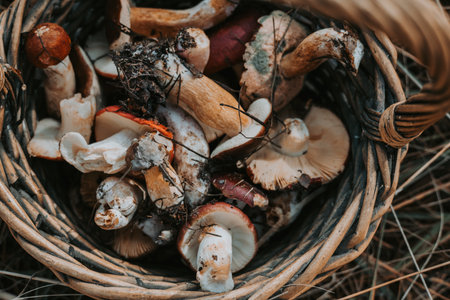Freshly picked mushrooms in a rustic basket with autumn yellow maple leaves. A basket overflowing with raw wild mushrooms and a vibrant fall leaf creates a beautiful, natural scene. Fall season hobby.の写真素材