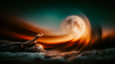 Lizard perched on a rock with a full moon in a surreal, dreamlike landscape. A desert lizard gazes in a mystical nature scene with vibrant colors and a sense of wonder. Wild nature Wildlife inhabitantの素材