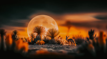 Desert fox silhouetted against a full moon in a surreal landscape. A beautiful desert scene features a fox standing in front of a full moon, with unique plants in the foreground. Wild nature habitant.の素材