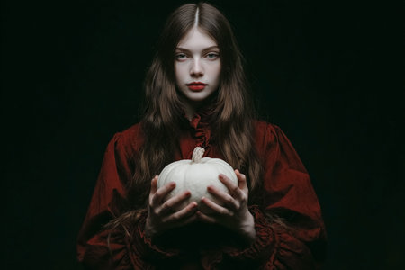 A young woman with long hair in a vintage dark red dress holds a white pumpkin in dark, mystical lighting. An atmosphere of gothic, magic, and the autumn holiday of Halloween. All Saints' Night.の素材