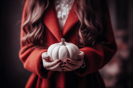 A faceless woman dressed in a vintage red coat holds a white pumpkin in her hands. An atmosphere of gothic, magic, and the autumn holiday of Halloween, All Saints' Night. Cropped photo.の素材