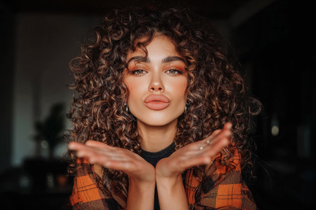 Portrait of a young woman with curly hair blowing a kiss at the camera. Warm natural light, autumn outfit in plaid shirt, confident expression, beauty and lifestyle concept with cozy fall vibes.の素材