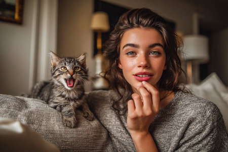 Young woman with a cute kitten relaxing on a sofa at home. A beautiful girl smiles while her adorable tabby cat yawns widely on the couch in cozy interior. Feline pets and domestic animals at home.の素材