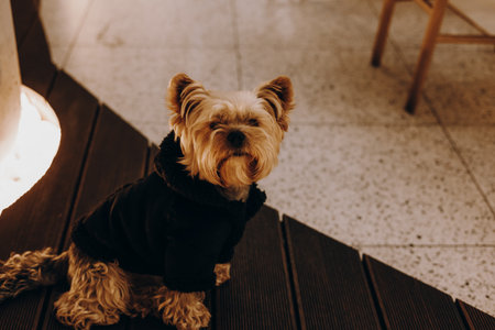 Yorkshire Terrier wearing a black coat sits indoors, looking in the camera with curiosity. A cute Yorkie, dressed in a stylish jacket, gazes upwards with a curious expression. Small doggy lapdog styleの写真素材
