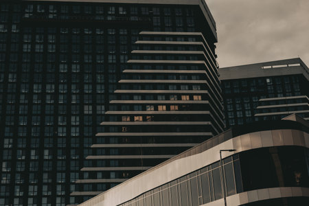 KYIV, Ukraine 5 October 2025 Modern architecture featuring geometric building design. A contemporary cityscape, striking architectural elementsのeditorial素材