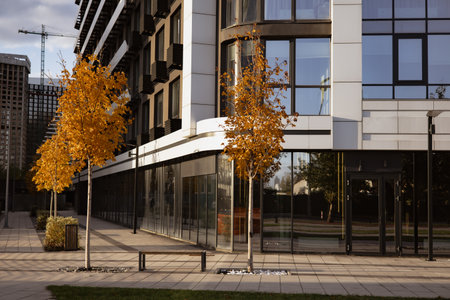 KYIV, Ukraine 25 October 2025 Modern apartment building with unique architectural design and autumn trees with golden foliage. Contemporary buildings.のeditorial素材