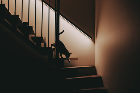 A cat walking down stylish wooden stairs in a cozy home interior with soft warm lighting. Minimalist architecture, modern design, calm evening atmosphere Lifestyle blogs, home decor and comfort livingの写真素材