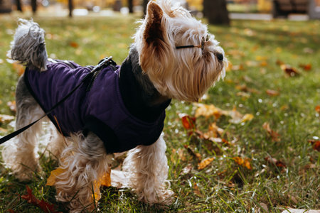 Cute Yorkshire Terrier in cool black sunglasses enjoys a sunny autumn day in the park. This adorable Yorkie is dressed in a purple vest and stylish sunglasses, ready for a walk in the park. Canine petの写真素材