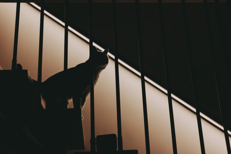A cat walking down stylish wooden stairs in a cozy home interior with soft warm lighting. Minimalist...