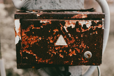 Vintage metal surface with high voltage warning sign and rust. This weathered metal surface displays a high voltage warning sign, with rust adding to its aged appearance.の写真素材