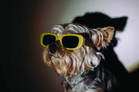 Stylish Yorkshire Terrier wearing yellow sunglasses in dramatic light and shadow. Cool, fashionable pet portrait with minimal background and strong personality Pet lifestyle and eyewear promotionの写真素材