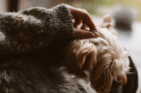 A hand gentle petting a fluffy dog with soft brown fur lying on the human lap near a window. A person's fingers lovingly strokes the fur of a small dog, creating a moment of connection and comfort.の写真素材