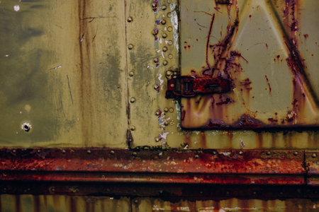 An old weathered metal surface with peeling paint, rust stains, scratches, textures. Grunge detail ideal for backgrounds, design elements, vintage industrial concepts. Metallic surface and rivets.の写真素材