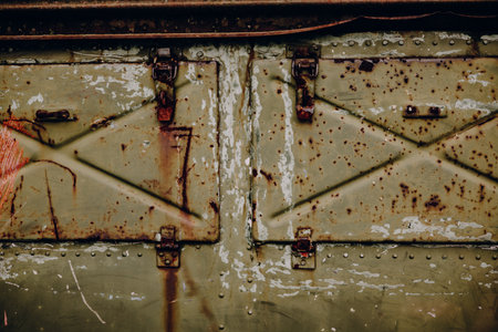 An old weathered metal surface with peeling paint, rust stains, scratches, textures. Grunge detail ideal for backgrounds, design elements, vintage industrial concepts. Metallic surface and rivets.の写真素材