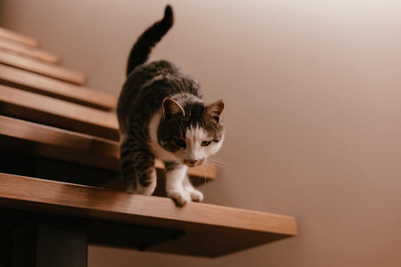 A tabby gray white cat descending modern stairs in a home setting. A domestic feline is walking down...