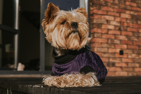 Yorkshire Terrier relaxing outdoors on a wooden terrace in sunlight, wearing a purple dog jacket. Cozy lifestyle moment at a countryside house. Pet care, small dog fashion, outdoor living Animal themeの写真素材