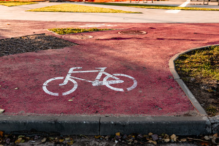 Bike lane with bicycle symbol on red asphalt in urban setting. A painted bicycle symbol marks a dedicated bike lane, promoting cycling and safety for riders in the city. Cycle path covering. Safe rideの写真素材