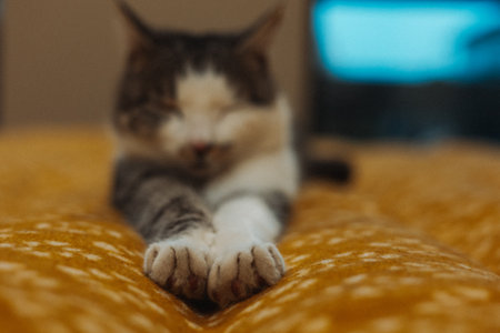 Blurred photo of relaxed tabby cat stretching out on a yellow blanket. A beautiful gray and white striped feline pet is seen relaxing on a warm plaid, looking peaceful and content Sleeping animal shotの写真素材