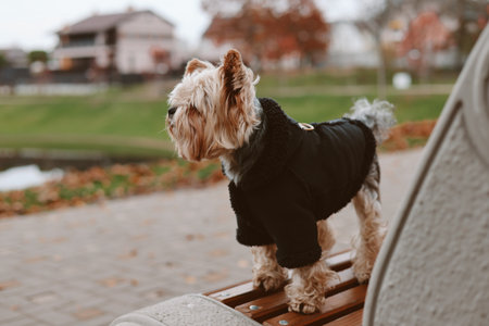 Dressed up Yorkshire Terrier in a black coat standing on a park bench on a cloudy day. A cute Yorkie doggy stands proudly on a bench, wearing a stylish black coat, enjoying a beautiful autumn day.の写真素材
