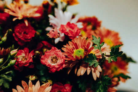 Vibrant bouquet of colorful flowers in full bloom against a soft background. This beautiful floral arrangement features a variety of blooms in shades of red, orange, and yellow. Mix of garden blooms.の写真素材