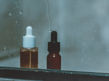 Serum bottles with droppers on a wet glass surface, skincare concept. Two serum bottles are displayed behind a bathroom wet glass surface, creating a moody and atmospheric aesthetic. Beauty routine.の写真素材