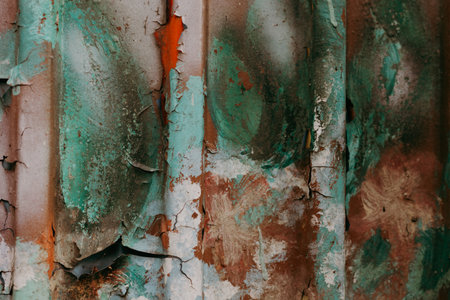Abstract vintage textured background with peeling paint and vibrant colors. This colorful abstract showcases layers of weathered paint, revealing a captivating texture and a blend of artistic hues.の写真素材