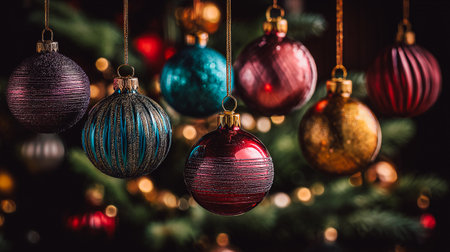 Festive Christmas ornaments hanging with blurred lights in the background. These colorful baubles are perfect for holiday decorations, adding a touch of elegance and cheer to winter holidays 2026.の素材