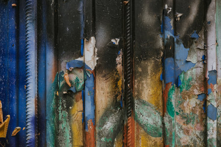 Close-up of weathered metal surface with peeling paint and rust texture in vibrant blue, red, and yellow tones. Perfect abstract grunge background for design, urban art, and creative projects.の写真素材