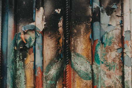Close-up of weathered metal surface with peeling paint and rust texture in vibrant blue, red, and yellow tones. Perfect abstract grunge background for design, urban art, and creative projects.の写真素材