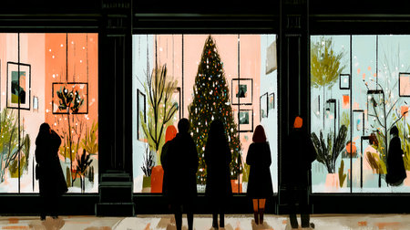 People admiring a Christmas tree in a shop window, illustration. Silhouettes of people gather to gaze at a decorated Christmas tree in a shop window, creating a festive scene. Wintertime holiday.の素材
