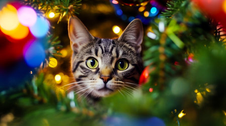 Adorable gray cat muzzle peeking through a decorated Christmas tree with colorful garland lights. Surprised cute tabby feline pet is ready for the winter holidays, surrounded by festive decorations.の写真素材