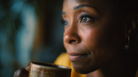 African American woman enjoying a tea, coffee drink, thoughtfully gazing out a window in a cozy home setting. A black woman takes a moment to herself, savoring a warm beverage while looking pensive.の素材