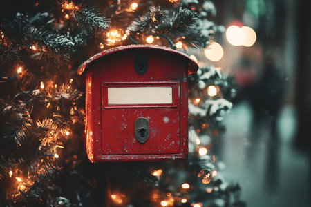 Festive red mailbox on a snowy Christmas tree with twinkling lights. A charming holiday scene featuring a vintage red mailbox nestled among evergreen branches glowing lights.の写真素材