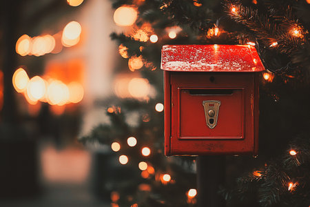 Festive red mailbox on a snowy Christmas tree with twinkling lights. A charming holiday scene featuring a vintage red mailbox nestled among evergreen branches glowing lights.の写真素材