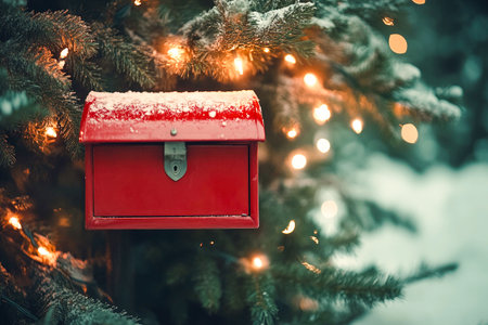 Festive red mailbox on a snowy Christmas tree with twinkling lights. A charming holiday scene featuring a vintage red mailbox nestled among evergreen branches glowing lights.の写真素材