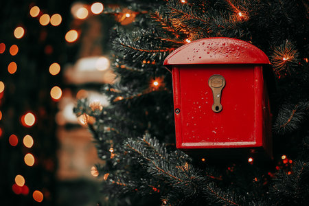 Festive red mailbox on a snowy Christmas tree with twinkling lights. A charming holiday scene featuring a vintage red mailbox nestled among evergreen branches glowing lightsの写真素材