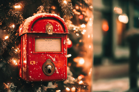 Festive red mailbox on a snowy Christmas tree with twinkling lights. A charming holiday scene featuring a vintage red mailbox nestled among evergreen branches glowing lights This is AI-generated item.の写真素材