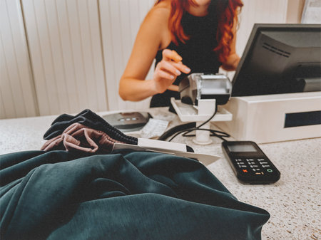 Shopping experience at a retail checkout counter. A cashier processes a purchase while clothing items and a payment terminal are in the foreground. Trendy concept of sales, retail, customer service.の写真素材