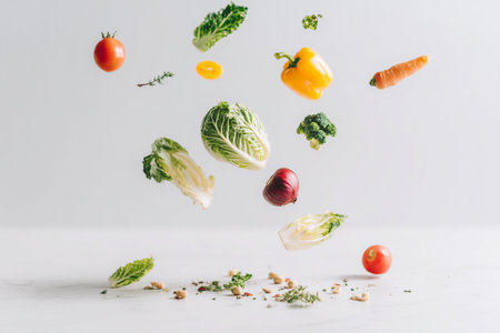 Fresh vegetables floating in mid-air against a neutral background. A vibrant assortment of fresh vegetables appears to be suspended in the air, creating a dynamic and eye-catching composition.の素材