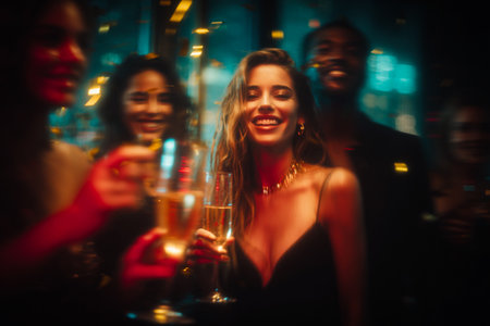 Elegant party scene with beautiful women celebrating with champagne. A glamorous group of friends enjoys a festive celebration with champagne and golden confetti, a joyful night out festive atmosphereの素材