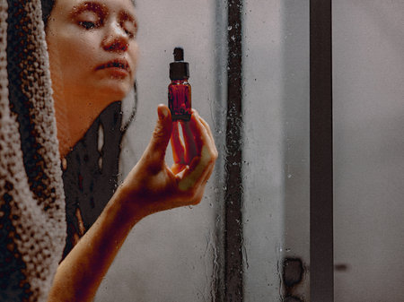 White woman examines skincare serum in bathroom, self-care and beauty concept. A young girl looks at a bottle of serum in a steamy bathroom, focusing on her skincare routine. Beauty product.の写真素材