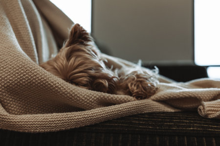 Cozy moment at home, adorable small Yorkshire Terrier dog pet sleeping peacefully under a soft, cream-colored knitted blanket on a sofa, embodied comfort and warmth. Silky hair doggy sleeps on sofa.の写真素材