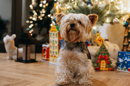 Yorkshire Terrier dog sits near a Christmas tree with presents. A cute Yorkie doggy sits patiently in front of a decorated Christmas tree and wrapped gifts. Empty space for your text. Festive lapdog.の写真素材