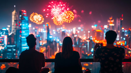 Silhouetted friends enjoy a spectacular fireworks display exploding over a vibrant, illuminated city skyline. Dynamic scene is perfect for New Years Eve, holiday celebration, urban travel themes.の素材