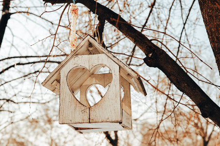 Cute wooden birdhouse with a heart-shaped entrance hanging on a tree branch. Rustic bird feeder in a park, winter or early spring nature background, care for animals and home comfort concept.の写真素材