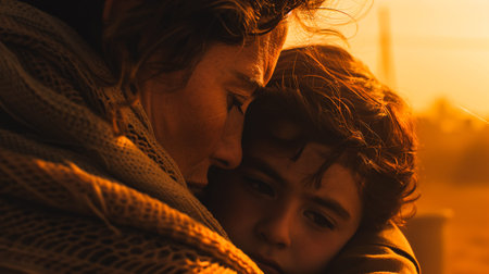 Mother and child as war refugees looking out with fear and hope. Cinematic portrait of family...