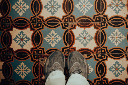 Top-down view of casual sneakers standing on a vintage patterned tile floor with intricate geometric motifs and weathered textures The composition combines travel, lifestyle and architectural heritage