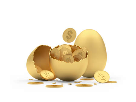 Broken golden egg with dollar coins inside and a whole egg. 3d illustrationの写真素材
